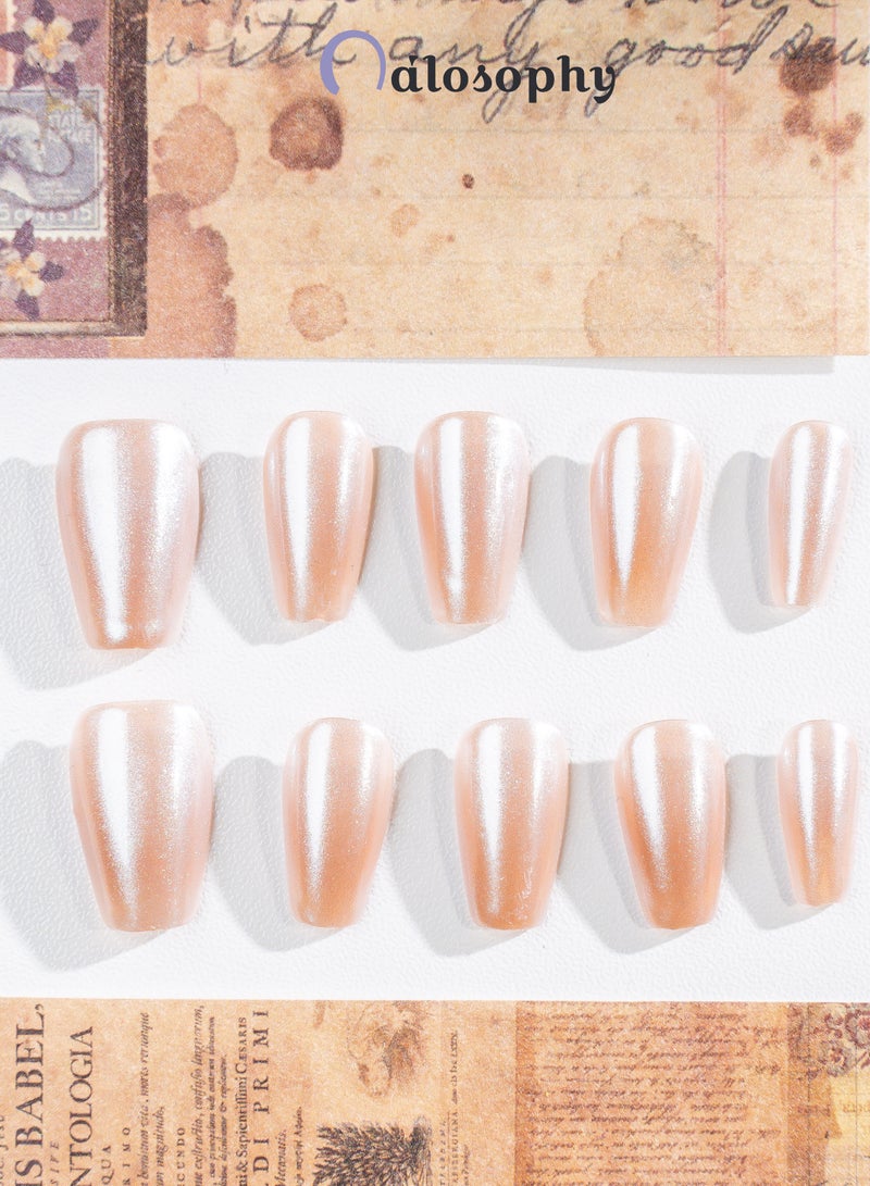 Nailosophy Handmade Gel Press-on Nails Velvet Rose Nude Cat-Eye | Coffin Shape - Image 3