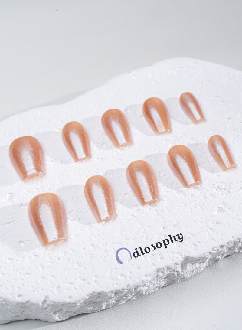 Nailosophy Handmade Gel Press-on Nails Velvet Rose Nude Cat-Eye | Coffin Shape - Image 5