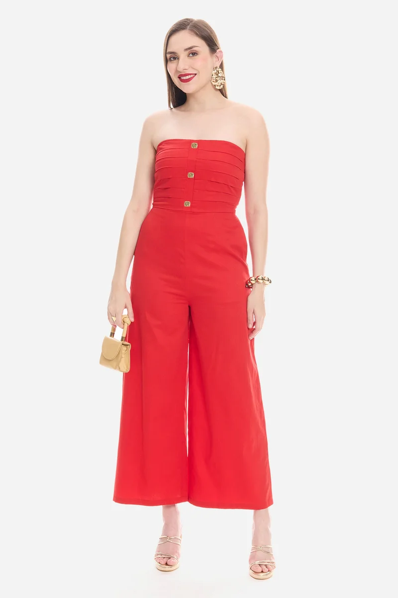 Virgio Solid Cotton Satin Button Detail Jumpsuit for Women