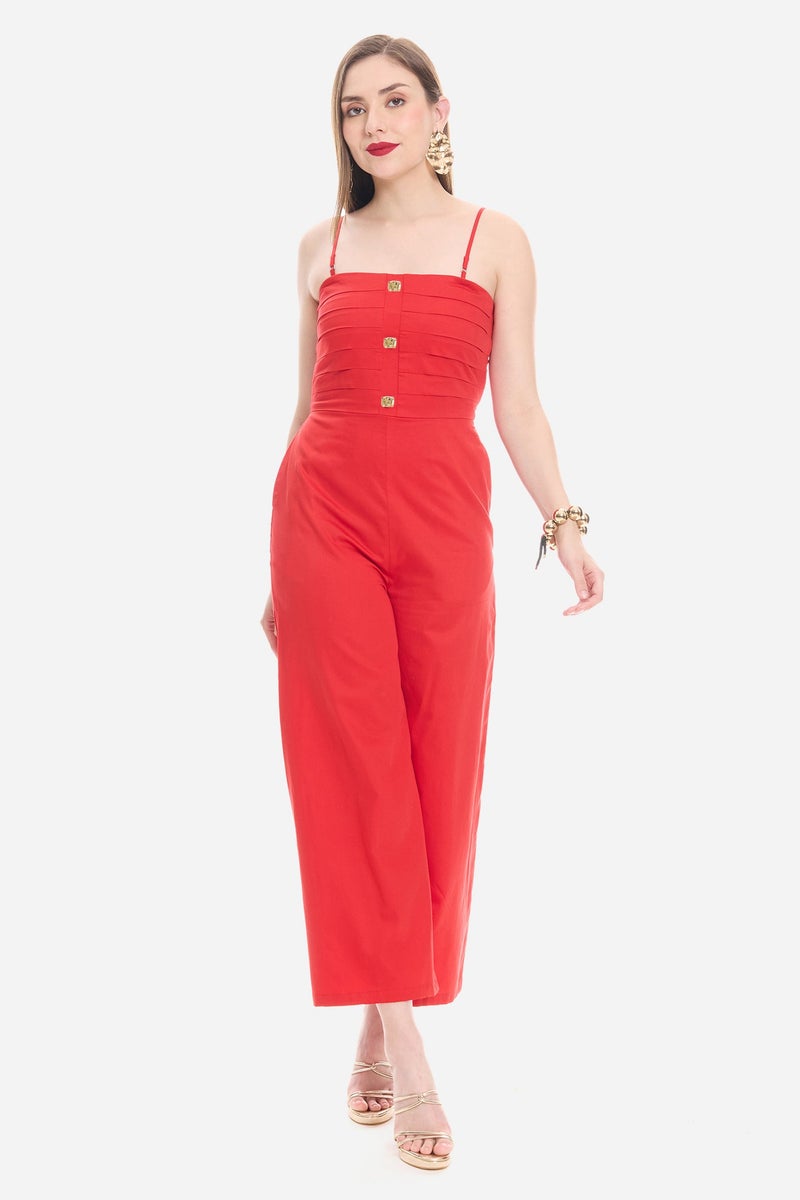 Virgio Solid Cotton Satin Button Detail Jumpsuit for Women - Image 2