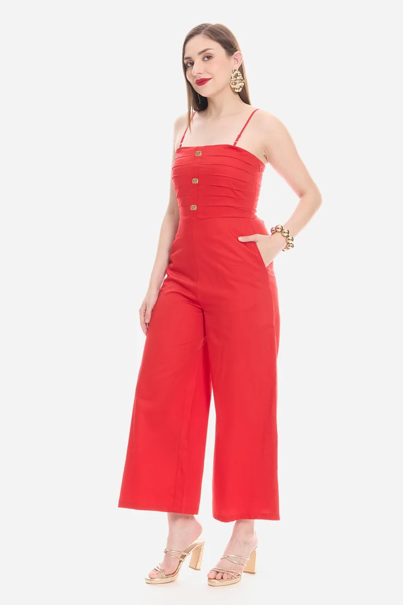 Virgio Red Solid Cotton Satin Button Detail Jumpsuit for Women for Women | Best Price UAE