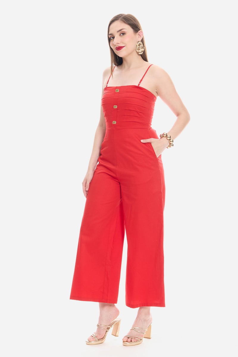 Virgio Solid Cotton Satin Button Detail Jumpsuit for Women - Image 3