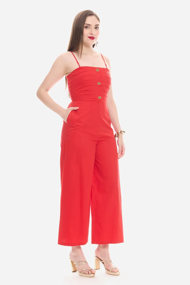 Virgio Red Solid Cotton Satin Button Detail Jumpsuit for Women for Women | Best Price UAE