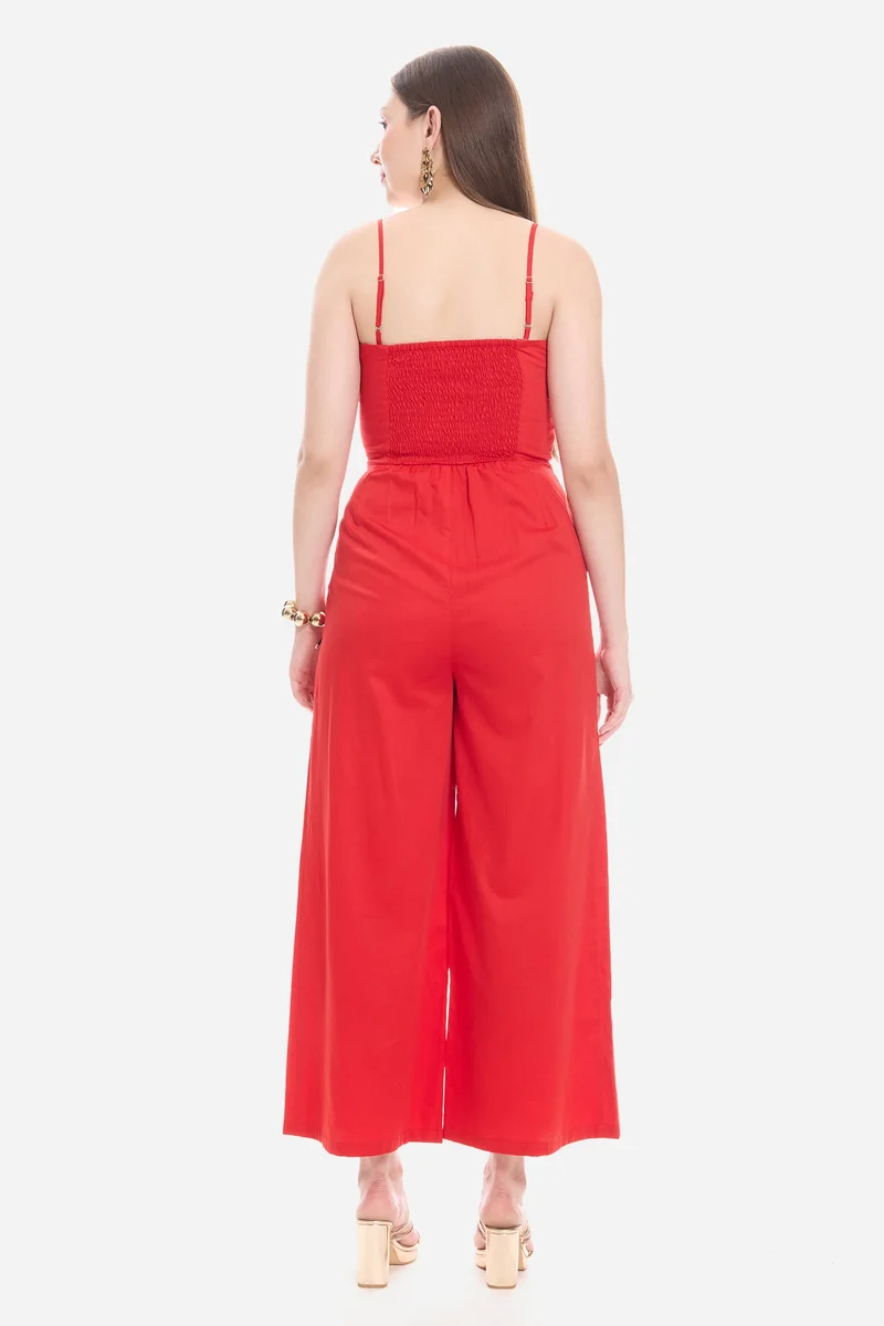 Virgio Red Solid Cotton Satin Button Detail Jumpsuit for Women for Women | Best Price UAE