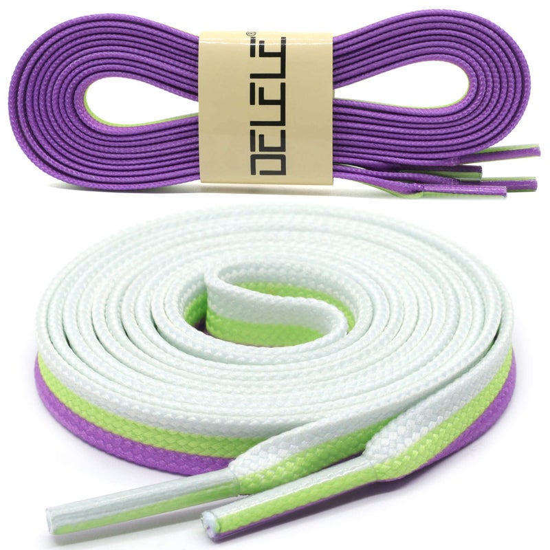 DELELE Colored Striped Flat Shoelaces: Sneakers Replacement Shoe Laces 39 inch 2 Pair White green purple - Image 2