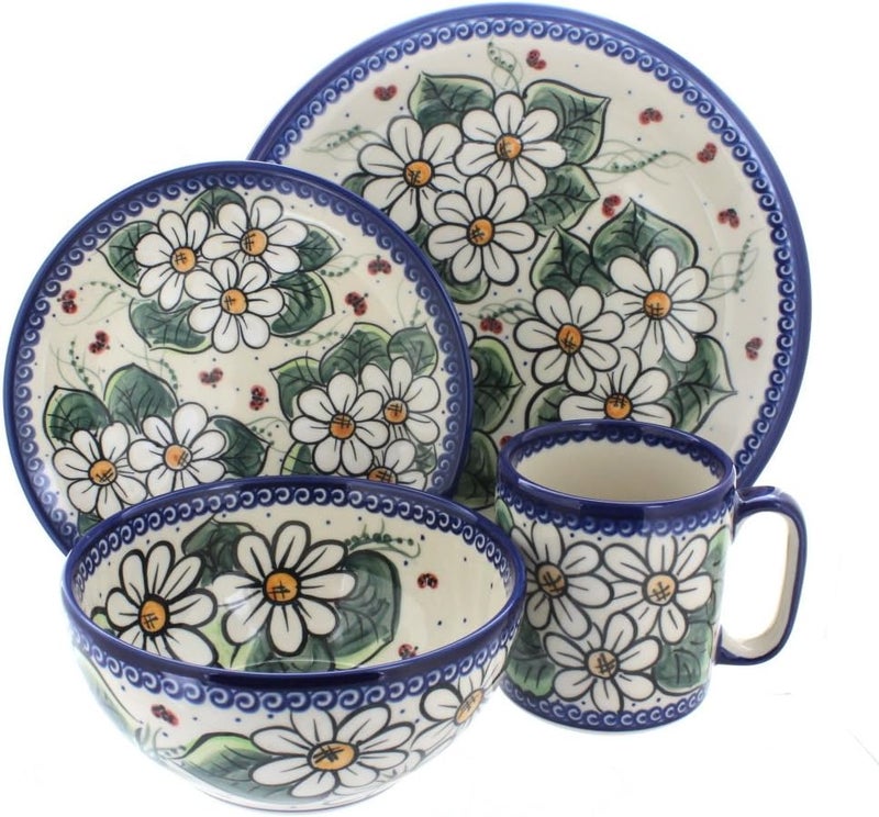 Blue Rose Pottery طقم عشاء من 16 قطعة من الفخار البولندي مزين بخنفساء الورد الأزرق - Image 1