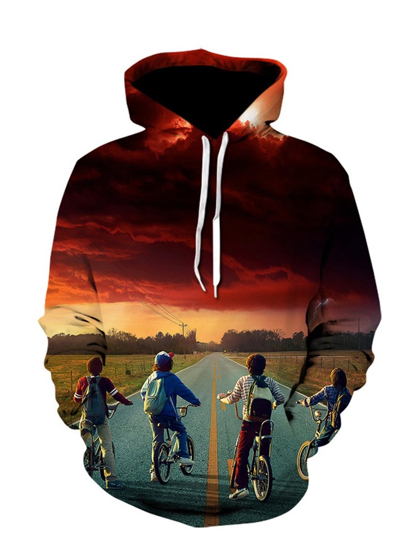 سويت شيرت فضفاض بغطاء رأس وطبعة رقمية ثلاثية الأبعاد من Stranger Things - Image 1