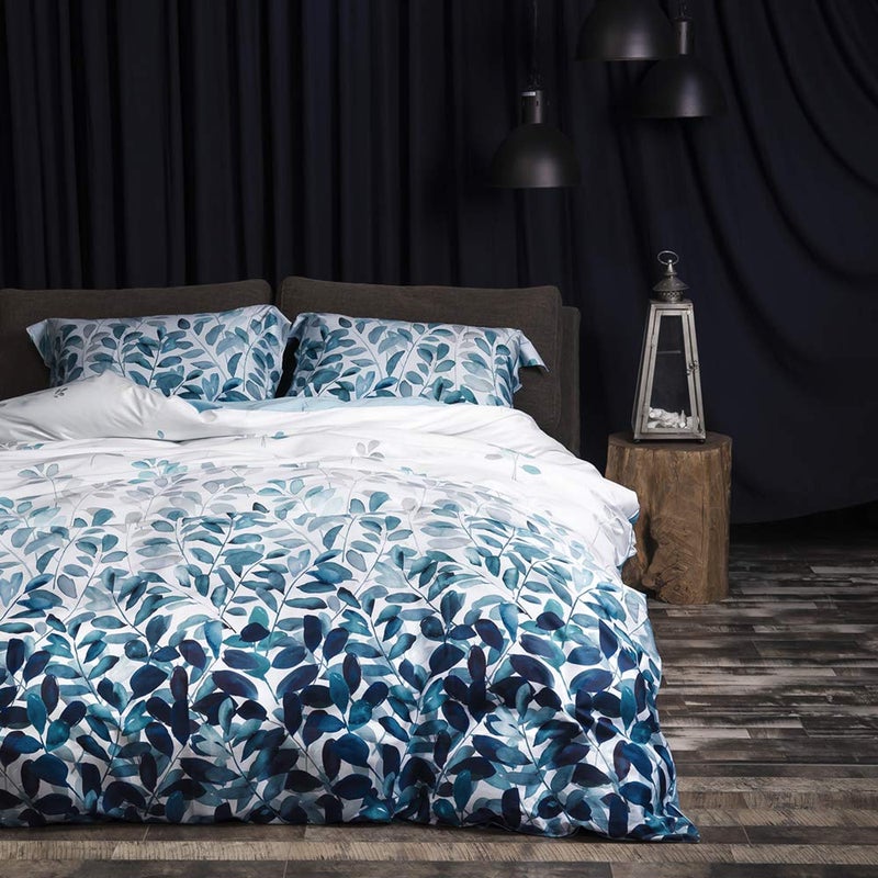 MILDLY 100 Long Staple Cotton Duvet Cover Set Navy Blue Leaves Printed Comforter Cover Set