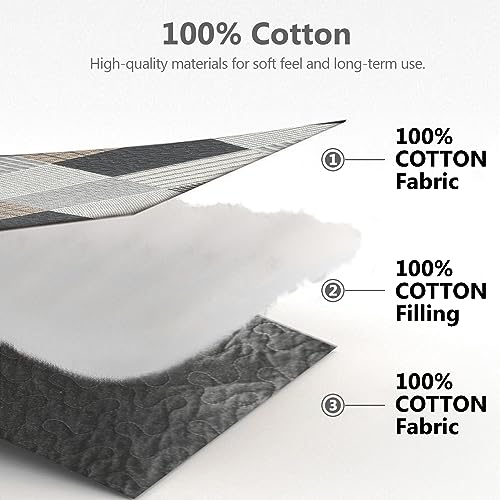 DUOHONG Quilts King Size - King Quilt Bedspread Sets, 100% Cotton Gray Quilt Bedding Set for King Bed, 3 Pcs Farmhouse Reversible Rustic Lightweight Comforter, Dark-Gray/White/Brown - Image 5