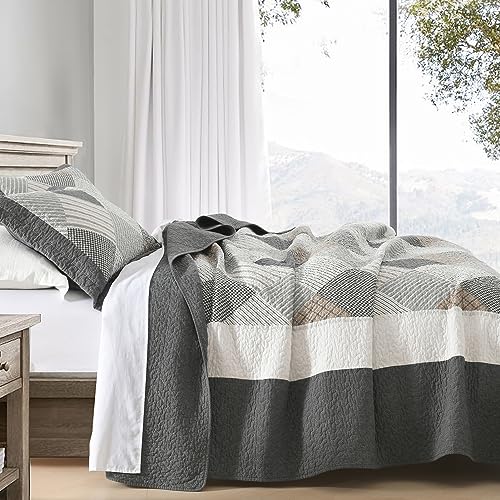 DUOHONG Quilts King Size - King Quilt Bedspread Sets, 100% Cotton Gray Quilt Bedding Set for King Bed, 3 Pcs Farmhouse Reversible Rustic Lightweight Comforter, Dark-Gray/White/Brown - Image 2