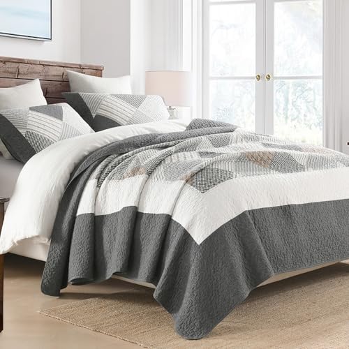 DUOHONG Quilts King Size - King Quilt Bedspread Sets, 100% Cotton Gray Quilt Bedding Set for King Bed, 3 Pcs Farmhouse Reversible Rustic Lightweight Comforter, Dark-Gray/White/Brown - Image 3