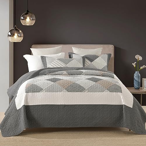 DUOHONG Quilts King Size - King Quilt Bedspread Sets, 100% Cotton Gray Quilt Bedding Set for King Bed, 3 Pcs Farmhouse Reversible Rustic Lightweight Comforter, Dark-Gray/White/Brown - Image 1