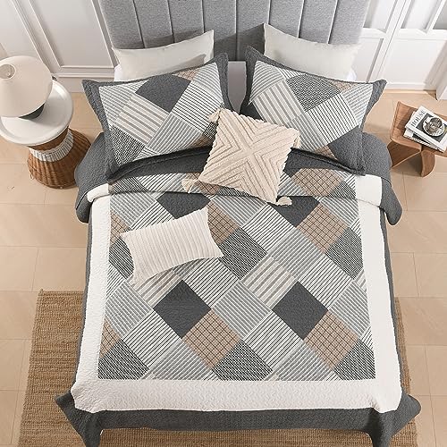 DUOHONG Quilts King Size - King Quilt Bedspread Sets, 100% Cotton Gray Quilt Bedding Set for King Bed, 3 Pcs Farmhouse Reversible Rustic Lightweight Comforter, Dark-Gray/White/Brown - Image 4