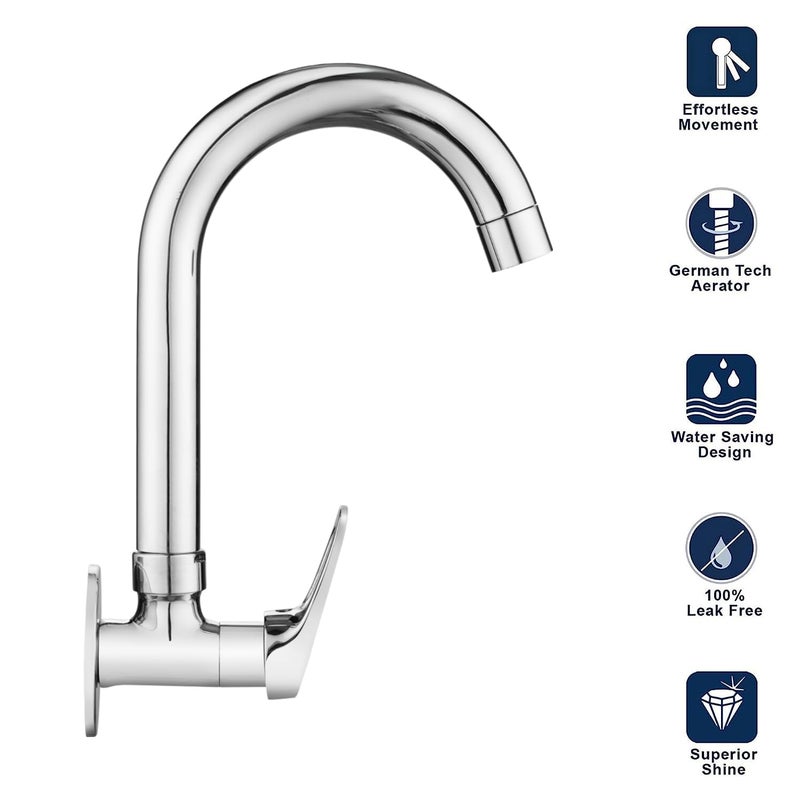 SPAZIO Hexa Brass Sink Cock TapKitchen Sink Faucet with 360 Degree Swivel Spout Foam Flow Pattern Hot OR Cold Water for Kitchen Sink Wash Basin Chrome Finish with Wall Flange - Image 2