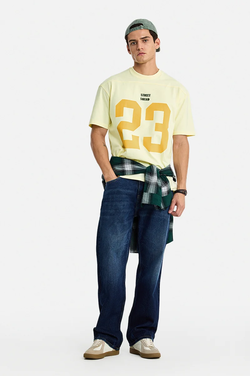 SNITCH Light Yellow Graphic Half Sleeve Oversized T-Shirt