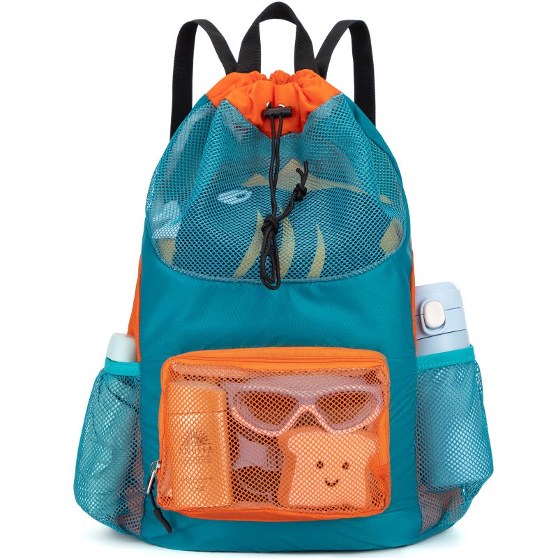 Veious Swim Bag for Kids Mesh Beach Backpack for Boys Lightweight Drawstring Beach Bag Swimming Pool Sports Gym String Bag (Green) - Image 1