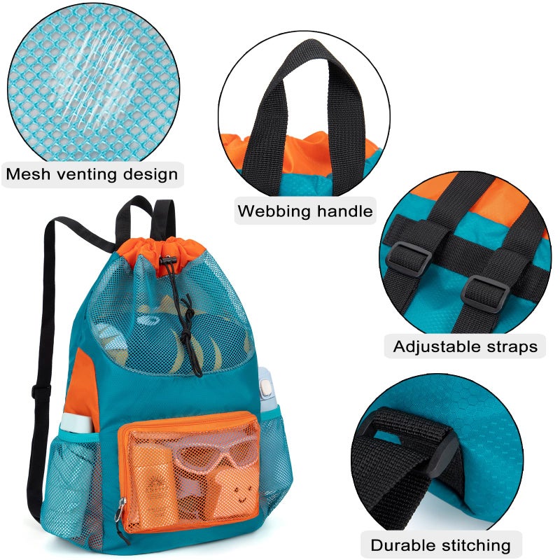 Veious Swim Bag for Kids Mesh Beach Backpack for Boys Lightweight Drawstring Beach Bag Swimming Pool Sports Gym String Bag (Green) - Image 5