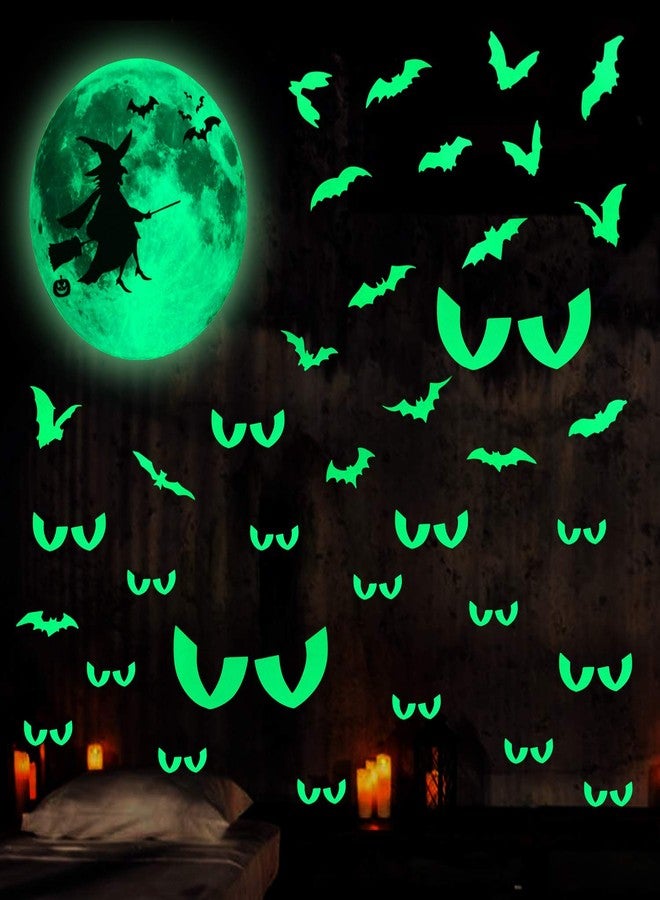 Konsait 54pcs Halloween Glow in The Dark Stickers Luminous Witch Moon Bats Peeping Eyes Wall Stickers Window Ceiling Wall Decals for Nursery Baby Kids Bedroom Halloween Bedroom Party Gift - Image 1