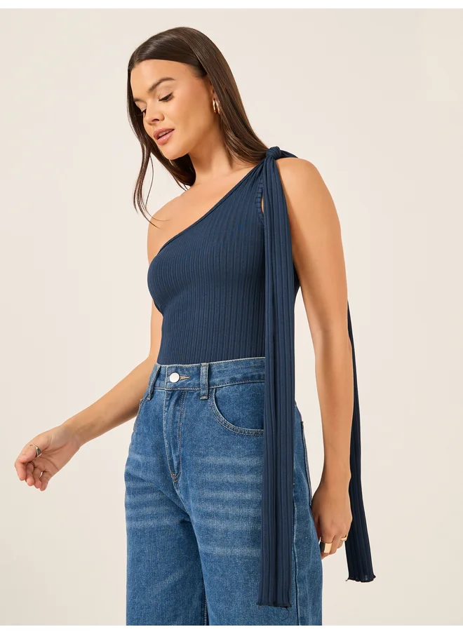 Styli Styli Ribbed One-Shoulder Tie Neck Fitted Tank T-Shirt