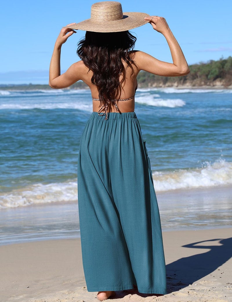 TARSE Women Linen Palazzo Pants Summer Wide Leg Boho Drawstring Casual Lounge Pant Beach Travel Vacation Outfits Lakeblue, M - Image 4