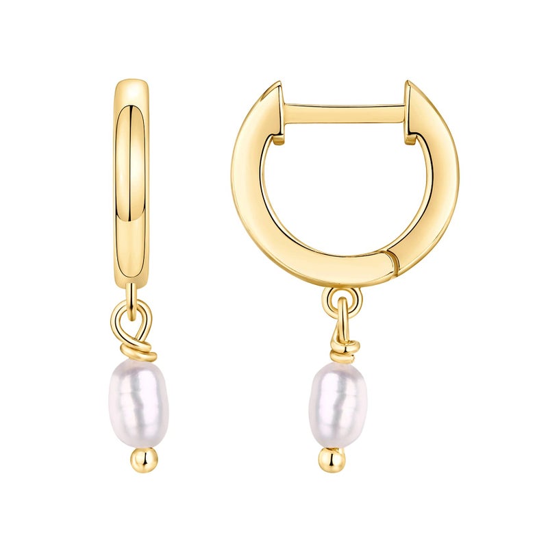 PAVOI 14K Gold Plated 925 Sterling Silver Post Huggie With Dangle | Small Gold Hinged Hoop Earrings For Women | Trendy Hoop CZ Huggie Earrings (Pearl, Yellow) - Image 1