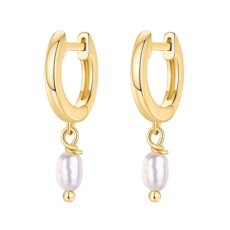 PAVOI 14K Gold Plated 925 Sterling Silver Post Huggie With Dangle | Small Gold Hinged Hoop Earrings For Women | Trendy Hoop CZ Huggie Earrings (Pearl, Yellow) - Image 3
