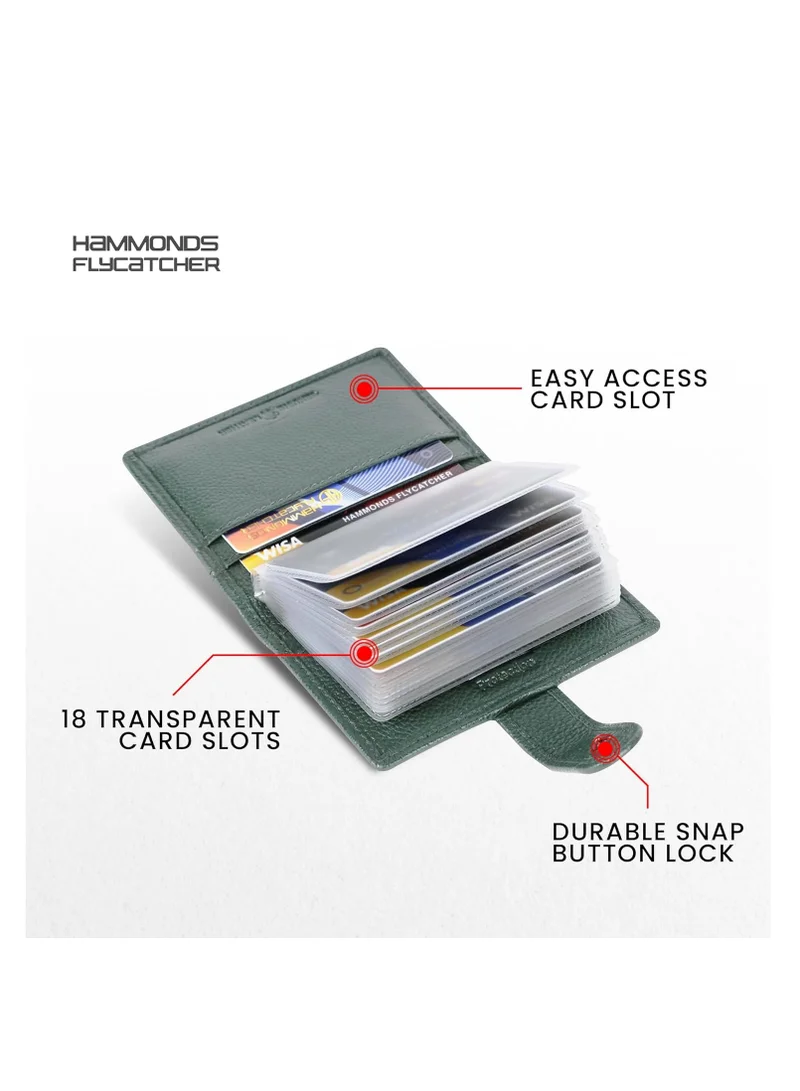 HAMMONDS FLYCATCHER Leather Card Holder for Men, Credit Card Holder, Slim Bi-Fold RFID Protected Credit Card Wallet for Men with 18 Card Slots, Metal Snap Button - Green | CC602_GRN | 845W