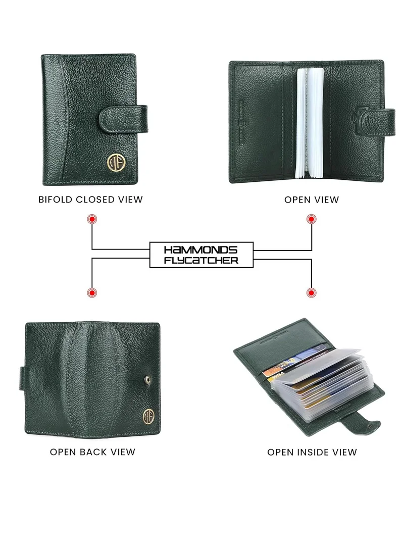 Hammonds Flycatcher  Leather Card Holder for Men, Credit Card Holder, Slim Bi-Fold RFID Protected Credit Card Wallet for Men with 18 Card Slots, Metal Snap Button - Green | CC602_GRN | 845W  | Best Price UAE