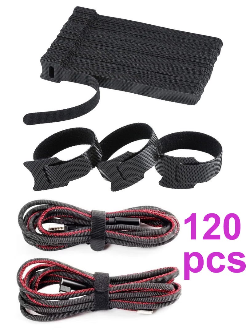 120PCS Reusable Cable Ties, Black Adjustable 6-Inch Cord Organizer Ties, Multi-purpose Hook Loop Cable Management Wire Ties for Organizing Home, Office, Data Centers - Image 1