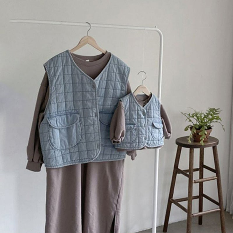 Kids Retro Washed Cotton-Padded Denim Vest Light blue cow.