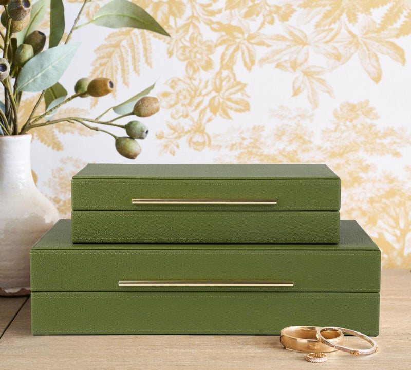 HofferRuffer Faux Leather Decorative Boxes Set of 2, Large Nesting Keepsake Box Accessory Organizer Jewelry Organizer with Hinged Lid, Stacking Storage Box Container for Home or Office (Green) - Image 4