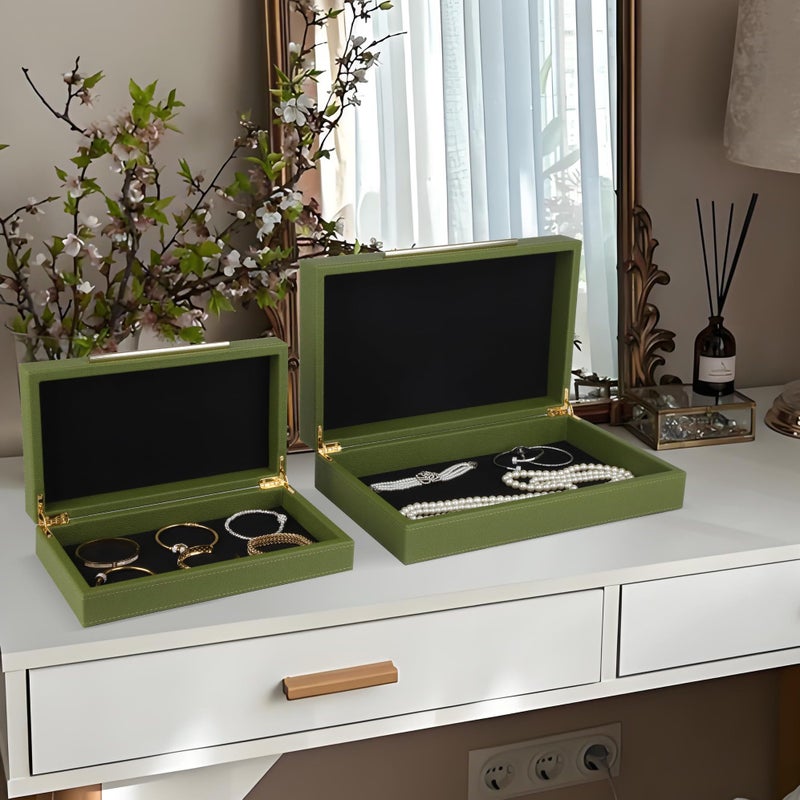 HofferRuffer Faux Leather Decorative Boxes Set of 2, Large Nesting Keepsake Box Accessory Organizer Jewelry Organizer with Hinged Lid, Stacking Storage Box Container for Home or Office (Green) - Image 5