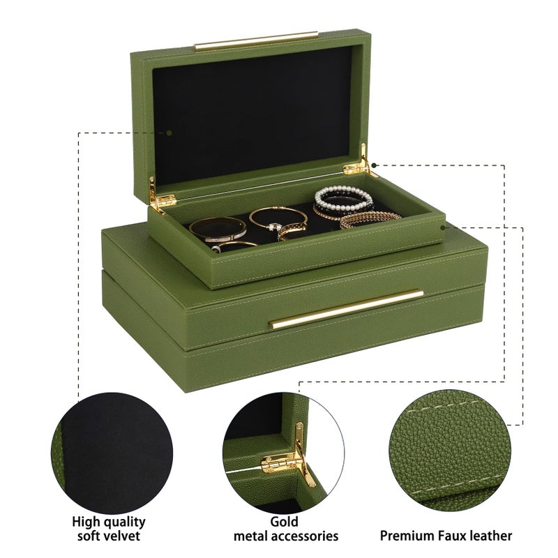 HofferRuffer Faux Leather Decorative Boxes Set of 2, Large Nesting Keepsake Box Accessory Organizer Jewelry Organizer with Hinged Lid, Stacking Storage Box Container for Home or Office (Green) - Image 3