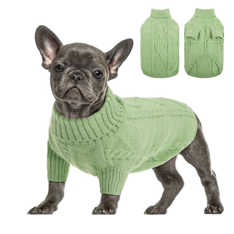 Queenmore Small Dog Pullover Sweater, Cold Weather Cable Knitwear, Classic Turtleneck Thick Warm Clothes for Chihuahua, Bulldog, Dachshund, Pug, Yorkie (Green, Small) - Image 1
