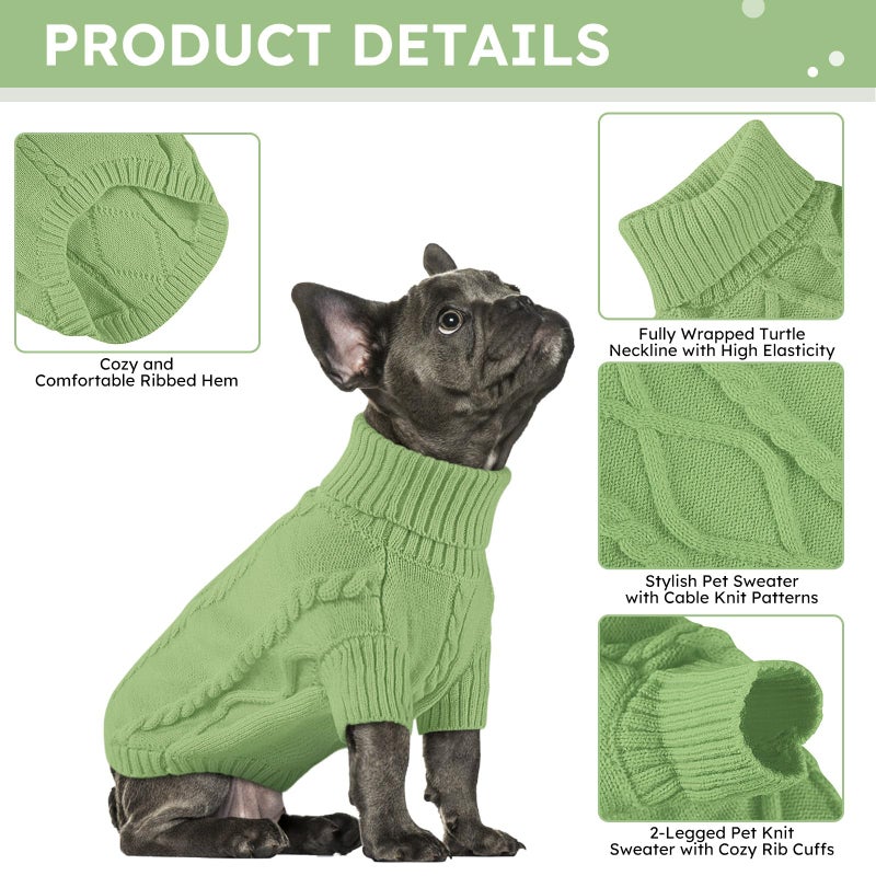 Queenmore Small Dog Pullover Sweater, Cold Weather Cable Knitwear, Classic Turtleneck Thick Warm Clothes for Chihuahua, Bulldog, Dachshund, Pug, Yorkie (Green, Small) - Image 2