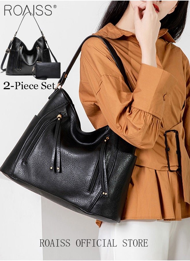 roaiss Large Crossbody Bags Ladies Shoulder Handbags Purse Set for Women Hobo Totes PU Leather Purses and Handbags Shoulder Bag Vegan Leather Tote Black  - Image 1
