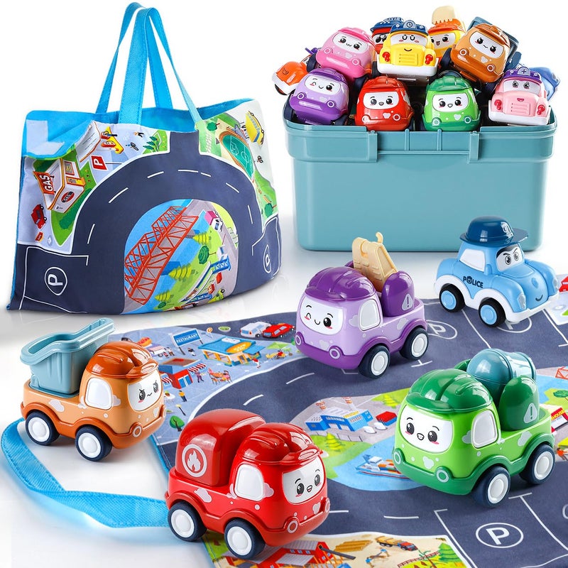Kiddiworld Mini Car Toys for 1 Year Old Boy Gifts, 12 Sets Pull-Back Trucks with Playmat/Storage Box for Toddlers Age 1-2, Baby Toys 12-18 Months, 1st Christmas Birthday Gifts for One Year Olds - Image 1
