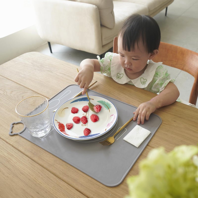 IYYI Silicone Baby Placemats, Kids Placemats for Dining Table, Montessori Placemat for Toddler, Non Slip, Waterproof, Portable Placemat Set of 2 (Gray+Sky Blue) - Image 3