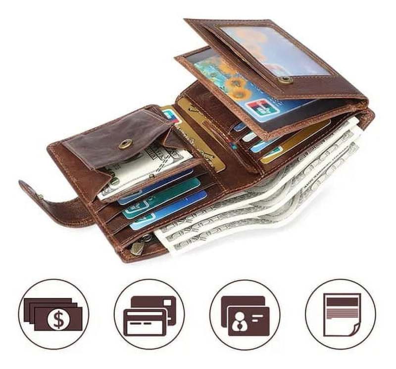 محفظة جلدية رجالية ثنائية الطي مع حجب RFID بتصميم نحيف تحتوي على 14 فتحة للبطاقات وجيب بسحاب - من جلد البقر الفاخر، محفظة مدمجة للاستخدام اليومي والسفر مع ميزة الأمان - Image 1