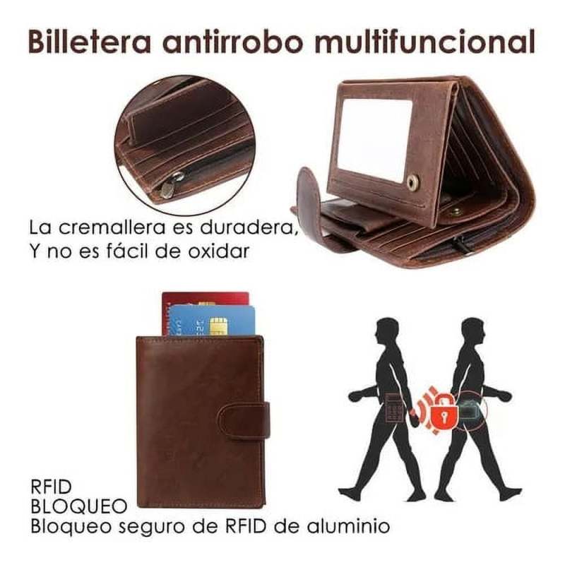 محفظة جلدية رجالية ثنائية الطي مع حجب RFID بتصميم نحيف تحتوي على 14 فتحة للبطاقات وجيب بسحاب - من جلد البقر الفاخر، محفظة مدمجة للاستخدام اليومي والسفر مع ميزة الأمان - Image 2