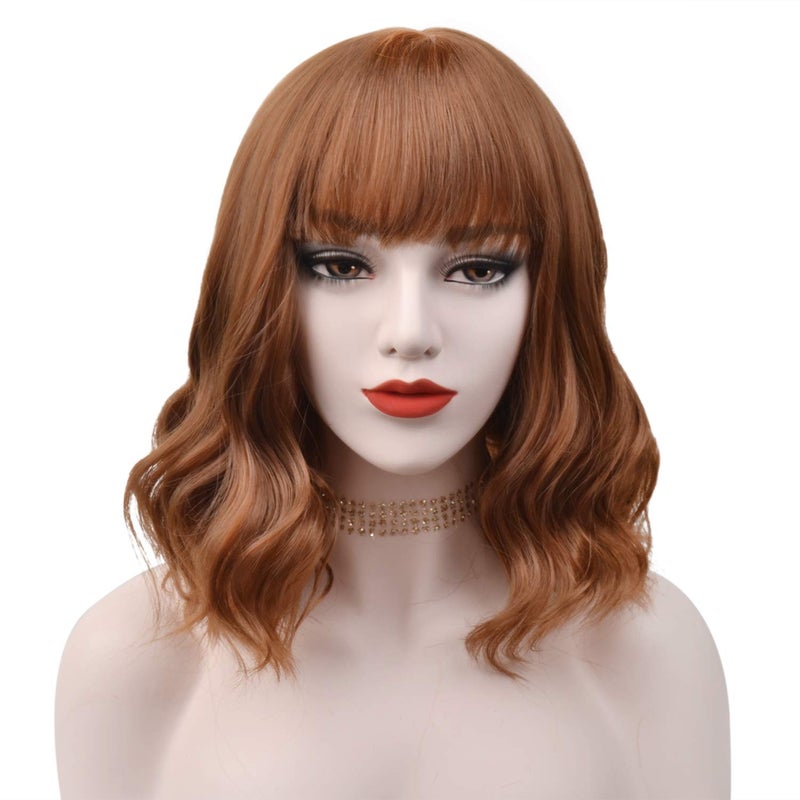Colorful Midlength Wigs Women Girls 14 Wavy Curly Wigs with Air Bangs Included Wig Cap Brown