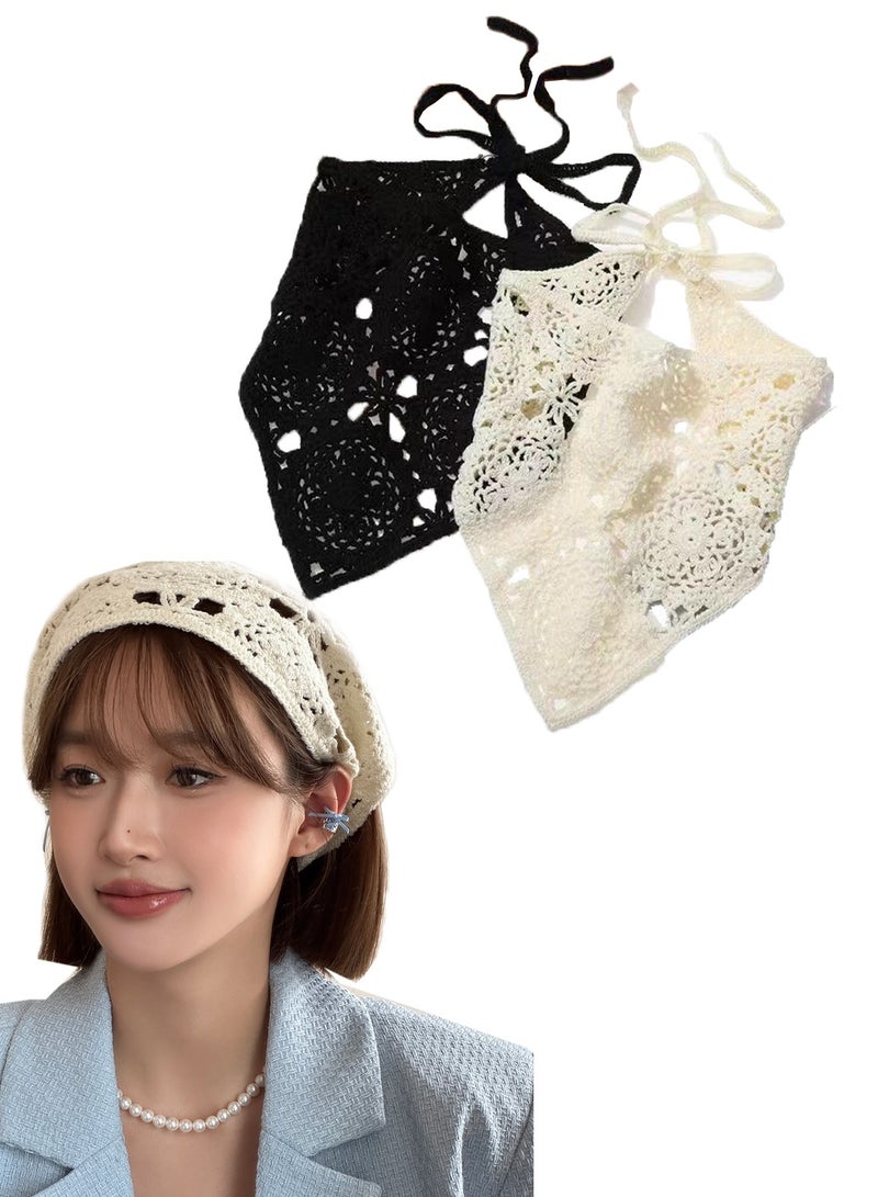 2 Pcs Boho Knitted Headscarf Daisy Floral Crochet Head Bandana Vintage Kerchief for Women Girls - Image 1