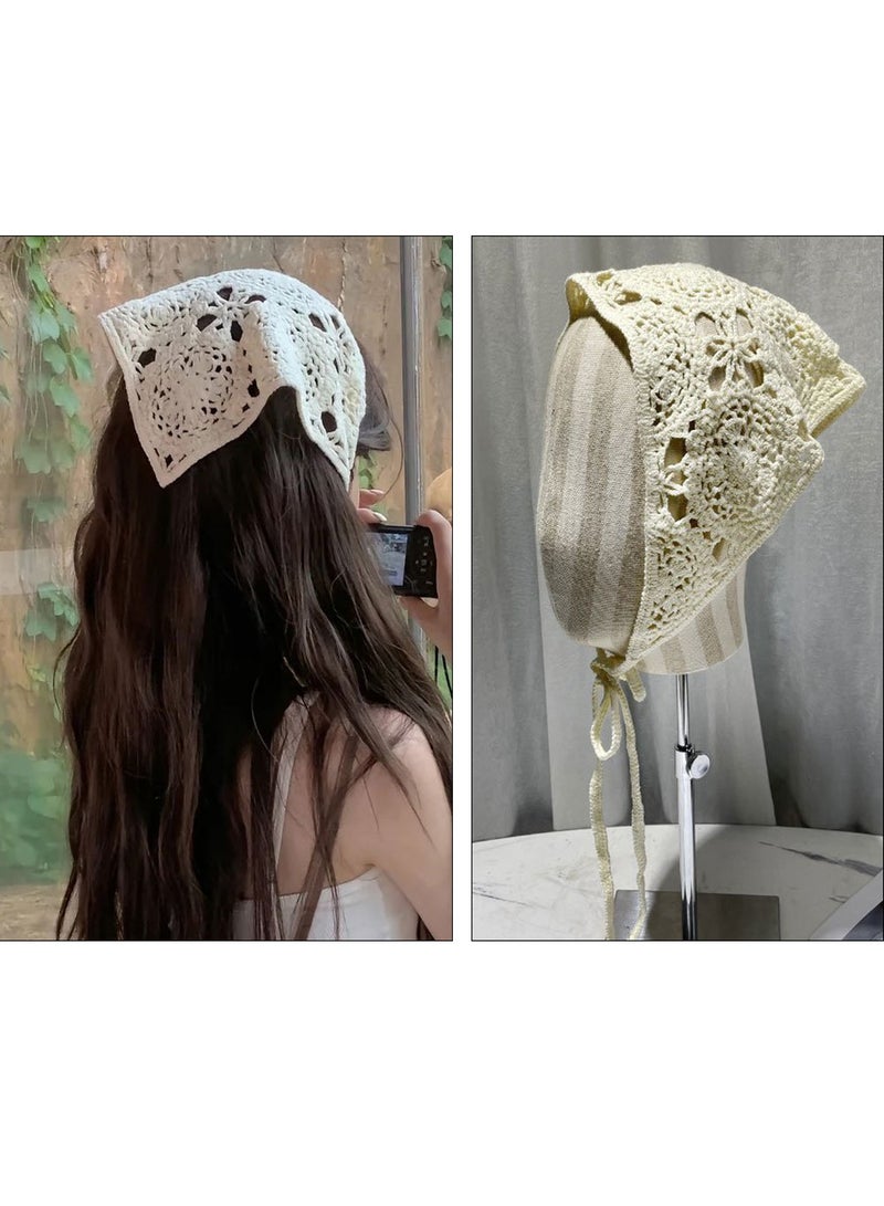 2 Pcs Boho Knitted Headscarf Daisy Floral Crochet Head Bandana Vintage Kerchief for Women Girls - Image 2