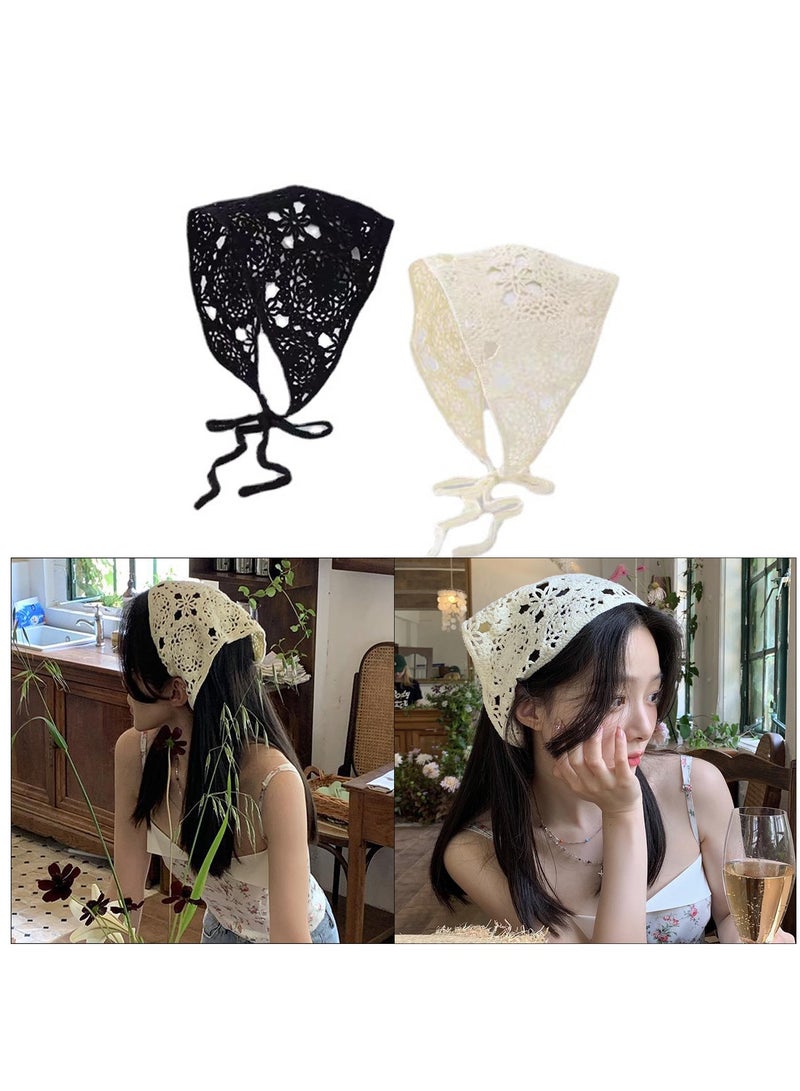 2 Pcs Boho Knitted Headscarf Daisy Floral Crochet Head Bandana Vintage Kerchief for Women Girls - Image 3