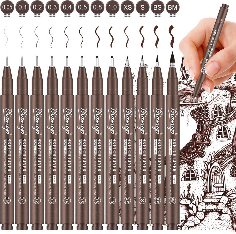 Bianyo Sepia Tone Drawing Pen Set, 12 Assorted Sizes Sketch Liner, Water-Resistant Archival and Pigment Ink Art Pens, Precision Drawing and Sketching Kit - Image 1