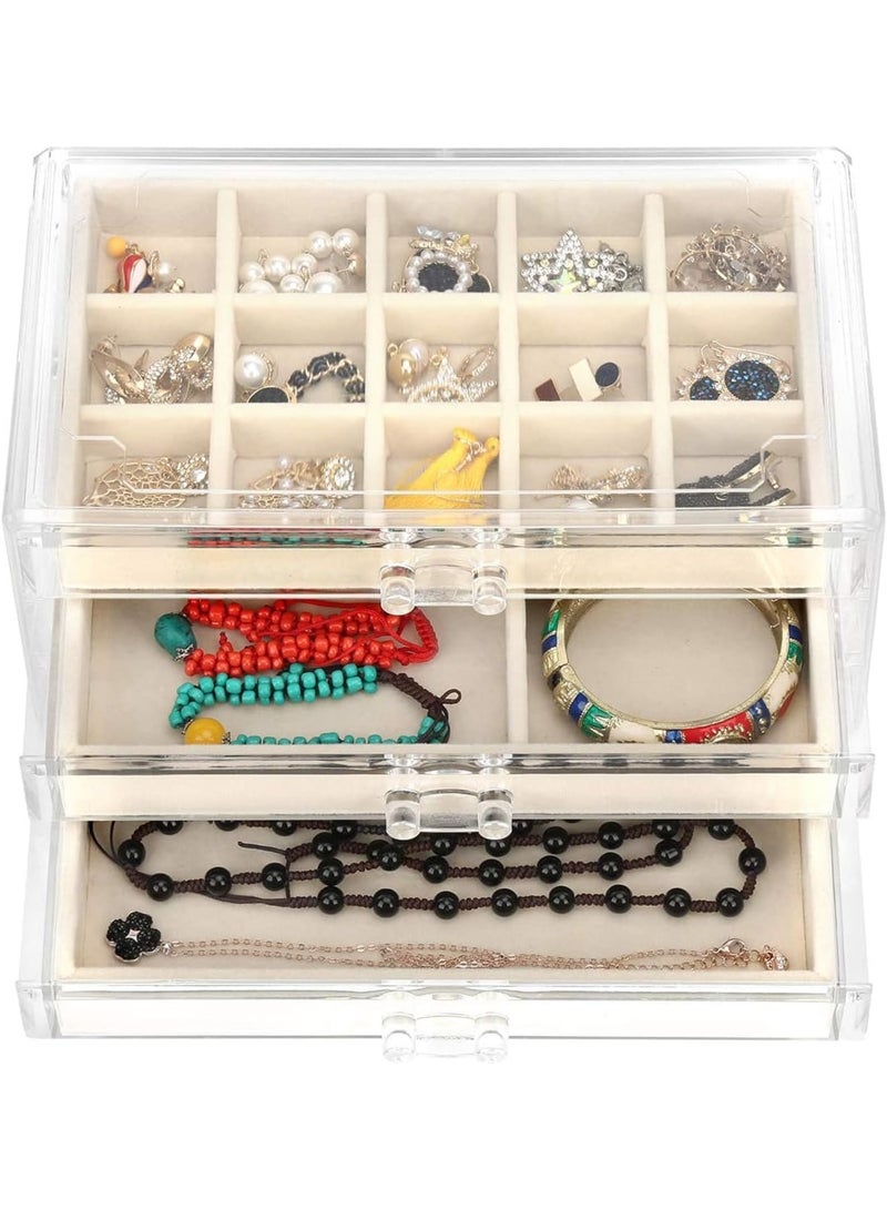 SYOSI Jewelry Box with 3 Drawers, Clear Acrylic Jewelry Organizer for Women and Girls, Adjustable Velvet Trays, Earring Ring Necklace Storage Holder, Makeup Cosmetic Display Case, White - Image 1