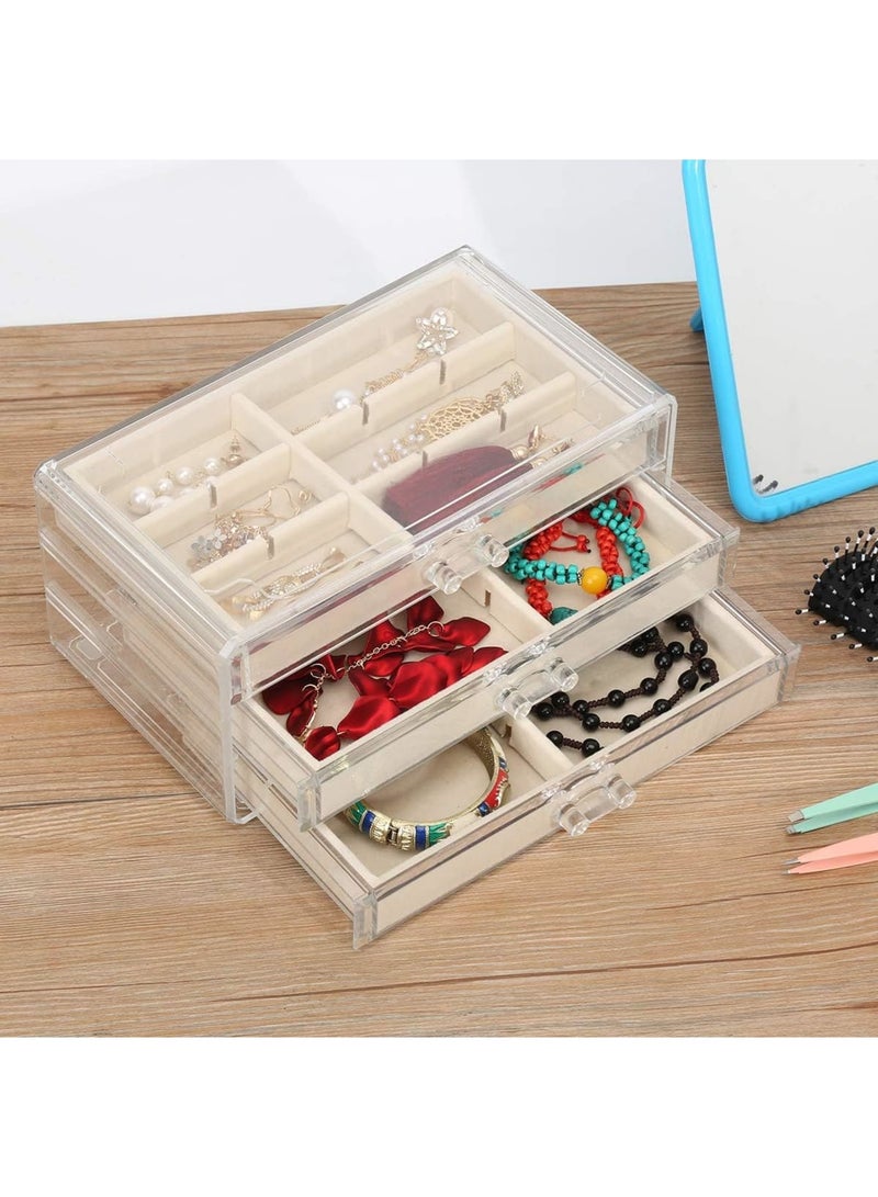SYOSI Jewelry Box with 3 Drawers, Clear Acrylic Jewelry Organizer for Women and Girls, Adjustable Velvet Trays, Earring Ring Necklace Storage Holder, Makeup Cosmetic Display Case, White - Image 4