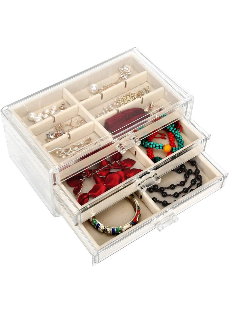 SYOSI Jewelry Box with 3 Drawers, Clear Acrylic Jewelry Organizer for Women and Girls, Adjustable Velvet Trays, Earring Ring Necklace Storage Holder, Makeup Cosmetic Display Case, White - Image 3