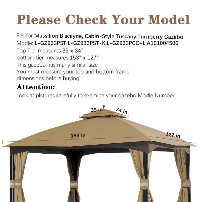 SCOCANOPY Replacement Top for 10x12 FT Gazebo Massillon Biscayne,Cabin-Style L-GZ933PST,Turnberry L-GZ933PCO-L,Tuscany L-GZ933PST-K (Beige Ripstop) - Image 2