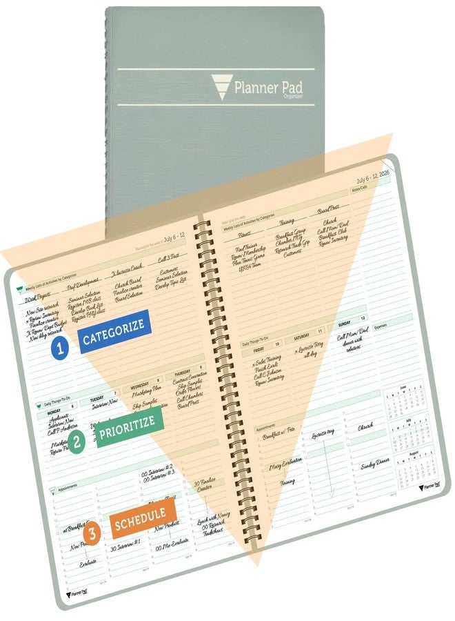 Planner Pad Spiral Bound 3-Tier Funnel Down 12 Month Large Size Organizer, July 2026 - June 2027 / Academic Year, Greenish Grey Cover/Soft Green Ink, 8 1/2" x 11" - Image 1
